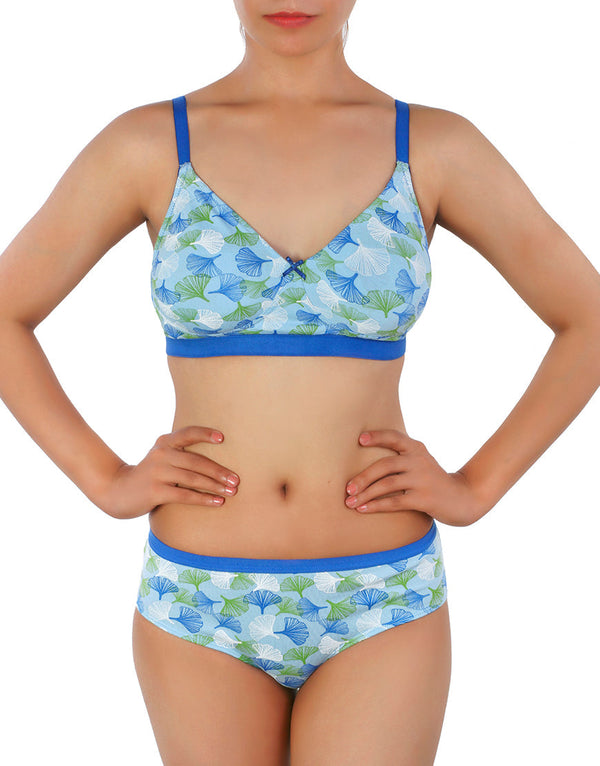 DOUBLE LAYERED COTTON WIREFREE BRA WITH MATCHING PANTY-BLUE